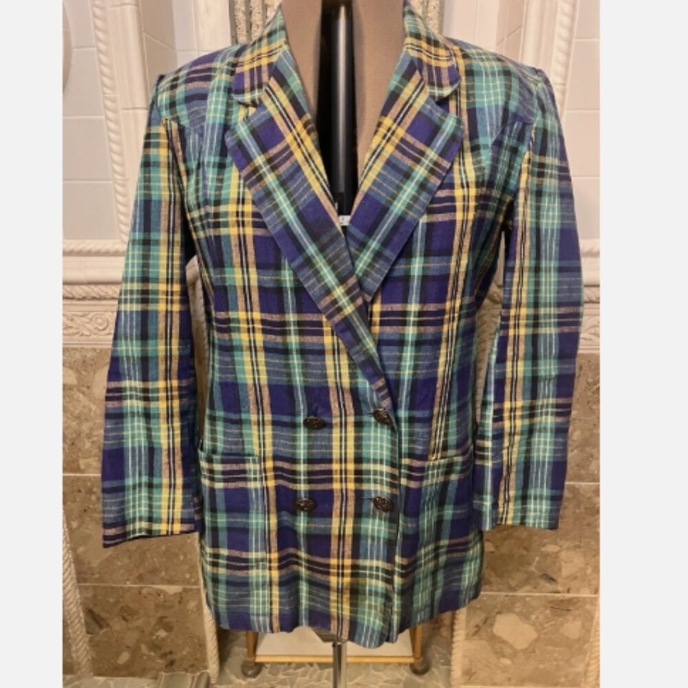 Vintage Jennifer Eden Madras Double Breasted Jacket. Size 13/14. Blue Green WTC